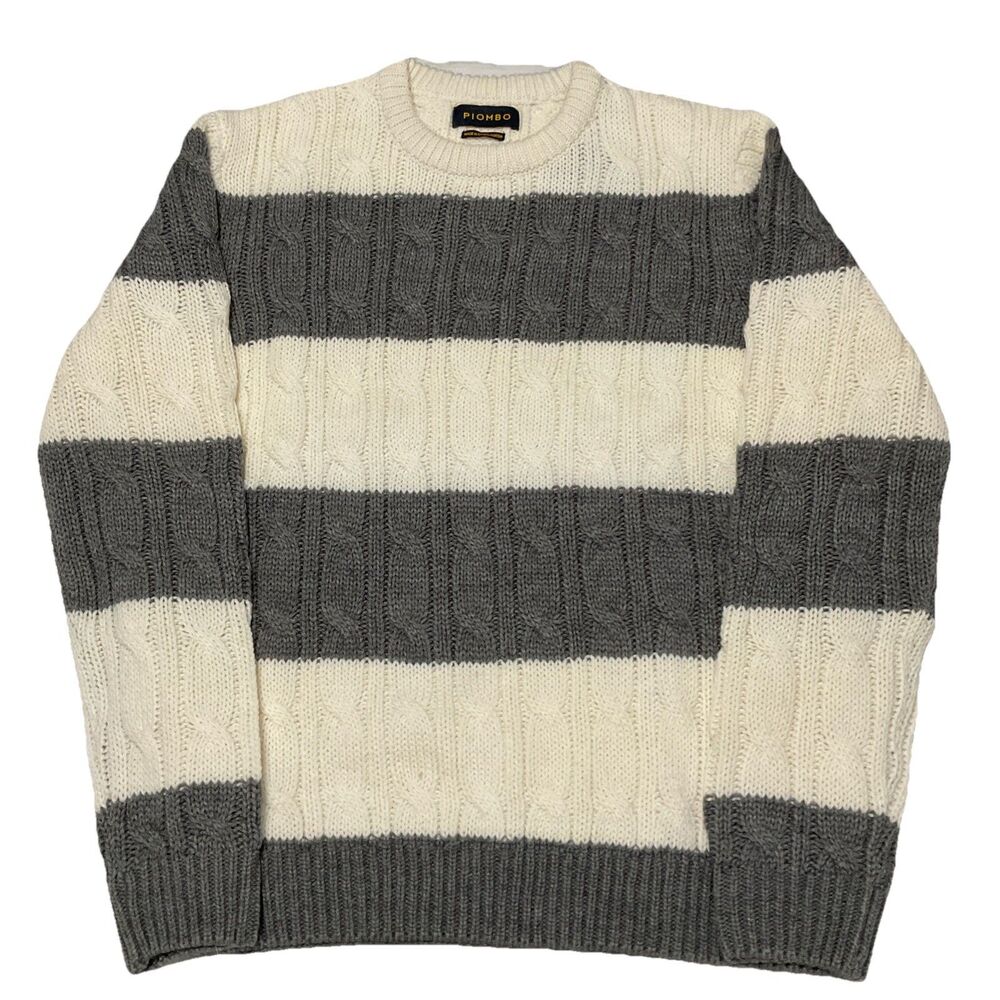 Piombo Large Sweater Stripe Cableknit Gray Ivory Acrylic Wool Blend Men’s L NWT